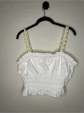 Cider White Daisy-Strap Smocked Crop Top